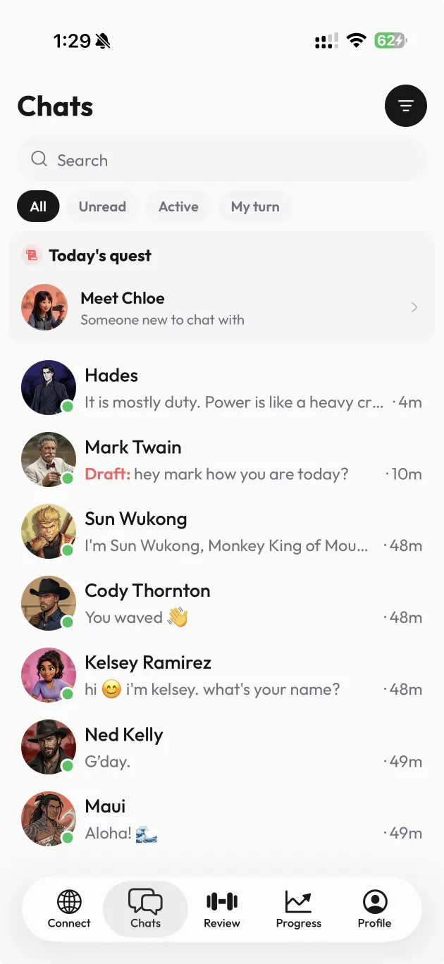 The AloWorld chats list, full of AI friends to talk to